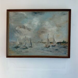 Stunning Original Painting in Wood Frame 12.5” x 16.5” NAUTICAL SAILBOATS